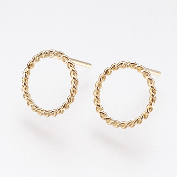 Long-Lasting Plated Brass Stud Earrings, Nickel Free, Ring, Real 18K Gold Plated, 10mm, Pin: 0.7mm