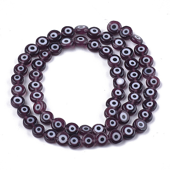 Handmade Evil Eye Lampwork Beads Strands, Flat Round, Coconut Brown, 6x2.5mm, Hole: 1mm, about 64~65pcs/strand, 14.1 inch~14.5 inch