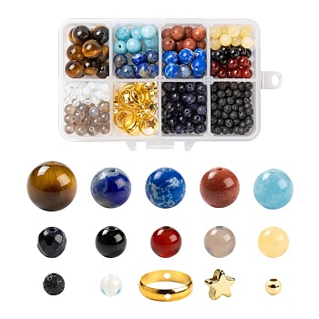 DIY Solar System Theme Planet Jewelry Kits, 360Pcs Natural & Synthetic Gemstone Round Beads, 94Pcs Geometry & Star Brass Beads, Mixed Color, Gemstone Beads: 360pcs/box