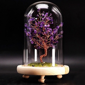 Natural Amethyst Display Decoration, with Brass Wire, for Home Desk Decorations, Tree of Life Cloche Bell Jar, 80x130mm