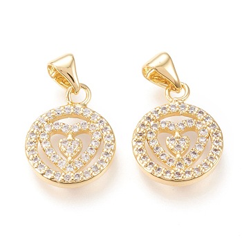 Brass Micro Pave Clear Cubic Zirconia Pendants , Long-Lasting Plated, Flat Round with Heart, Golden, 21x13x2mm, Hole: 5x4mm