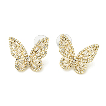 Rack Plating Butterfly Brass Micro Pave Clear Cubic Zirconia Stud Earrings, Golden, 21x25.5mm