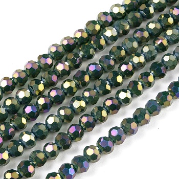 Faceted(32 Facets) Round Full Rainbow Plated Electroplate Glass Beads Strands, Green, 4mm, Hole: 1mm, about 90~95pcs/strand, 12.8~13.6 inch(32~34cm)
