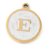 Ion Plating(IP) 201 Stainless Steel Pendants, with White Enamel, Real 18K Gold Plated, Flat Round with Letter, Letter E, 18.5x15.5x2mm, Hole: 1.6mm(STAS-K288-02G-E)