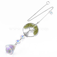 Natural Olive Quartz Big Pendants, with Platinum Brass Chain Extender and Findings, Plating Glass Teardrop & Flower, Clear AB Color, Flat Round with Tree of Life, 140mm, Hole: 3.5x5.5mm(G-N333-009A)