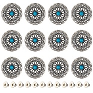12 Sets Alloy & Imitation Turquoise Craft Solid Screw Rivet, with Iron Findings, Flat Round with Flower Pattern, for DIY Luggage and Hardware Accessaries, Turquoise, 30x8.5mm, Hole: 2.5mm(FIND-GF0004-24)