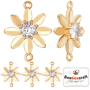Brass Clear Cubic Zirconia Connector Charms, Flower, Real 18K Gold Plated, 15x11.5x3.5mm, Hole: 0.8mm, about 10pcs/box(KK-BBC0002-18)