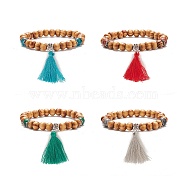 Natural Wood Stretch Bracelet with Gemstone, Cotton Tassel Charm Yoga Bracelet for Women, Inner Diameter: 2-1/8 inch(5.4cm)(BJEW-JB08222)