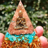 Orgonite Pyramid Resin Energy Generators, Reiki Synthetic Turquoise Chip & Metal Buddha Inside for Home Office Desk Decoration, 60mm(PW-WG67649-01)