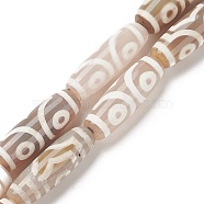 Tibetan Style 3-Eye dZi Beads Strands, Natural Agate Beads, Dyed & Heated, Oval/Oblong, Antique White, 28~32x10~12.5mm, Hole: 2mm, about 10pcs/strand, 14.3~14.5 inch(36.5~37cm)(TDZI-G012-35A)