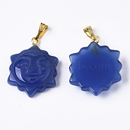 Natural Agate Pendants, with Golden Plated Metal(Brass or Iron Materials Random Delivery) Snap On Bails, Dyed, Sun, Blue, 23x18x5.5mm, Hole: 2x5mm(G-R459-010C)