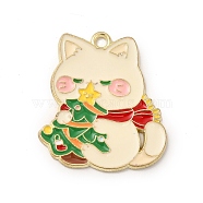 Christmas Theme Alloy Enamel Pendants, Light Gold, Cat Charm, Christmas Tree Pattern, 29x25.5x1.5mm, Hole: 2.1mm(ENAM-A142-01D)