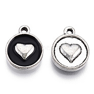 Alloy Pendants, with Enamel, Enamelled Sequins, Flat Round with Heart, Black, Antique Silver, 14.6x11.6x3.1mm, Hole: 1.6mm(PALLOY-I174-02AS)