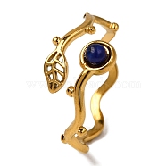 Natural Lapis Lazuli Finger Rings, Leaf Golden Tone 304 Stainless Steel Cuff Rings for Women, 10mm, Inner Diameter: 17mm(RJEW-Q822-36G-02)