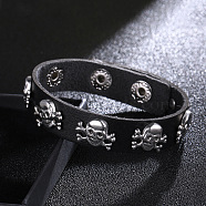 Leather Cord Bracelets, Skull Rivets Bracelets, Black, 9-1/2 inch(24.2cm)(PW-WG59864-01)