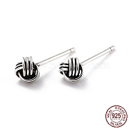 Fabric Knot 925 Sterling Silver Stud Earrings for Girl Women, Dainty Minimalist Post Earrings, Antique Silver, 16x5mm, Pin: 1mm(EJEW-I259-03AS)