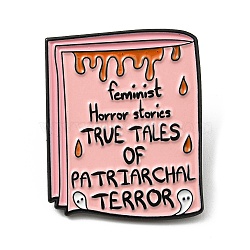 Newspaper Enamel Pin, Electrophoresis Black Alloy Brooch for Backpack Clothes, Word Feminist Horror Stories True Tales of Patriarchal Terror, Pink, 30.5x25x1.6mm(JEWB-B006-07B)