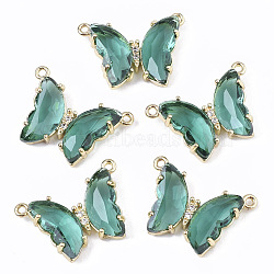 Glass Pendants, with  Micro Pave Cubic Zirconia and Brass Open Back Settings, Faceted, Butterfly, Golden, Medium Sea Green, 16.5x23.5x5.5mm, Hole: 1.2mm(X-GLAA-T020-01D)