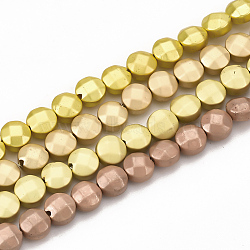 Electroplate Non-magnetic Synthetic Hematite Beads Strands, Matte Style, Faceted, Flat Round, Mixed Color, 4~4.5x3mm, Hole: 0.8mm, about 92pcs/strand, 15.7 inch(G-T114-18)