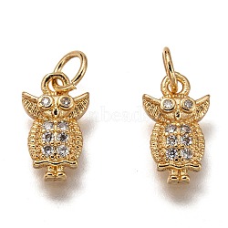 Brass Micro Pave Clear Cubic Zirconia Charms, Cadmium Free & Lead Free, Long-Lasting Plated, Owl Shape, Golden, 13x7x2.5mm, Hole: 3mm(ZIRC-B002-54G)