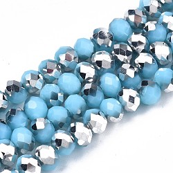 Electroplate Opaque Glass Beads Strands, Half Silver Plated, Faceted, Rondelle, Light Sky Blue, 6x5mm, Hole: 1mm, about 83~85pcs/strand, 38~39cm(EGLA-A034-P6mm-M19)