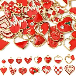 30Pcs 15 Styles Alloy Pendants, with Enamel, Heart, Red, 8~25x7.5~26x1.5~4mm, Hole: 1.5~2.1mm, 2pcs/style(FIND-YW0005-13)