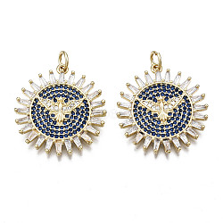 Brass Micro Pave Clear and Blue Cubic Zirconia Pendants, Nickel Free, Sun with Bird & Jump Rings, Real 16K Gold Plated, 25x22.5x2.5mm, Jump Ring: 5x0.8mm, Inner Diameter: 3.4mm(KK-Q769-030-NF)