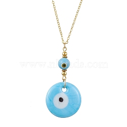 Light Sky Blue Glass Evil Eye Pendant Necklace with Alloy Cable Chains, Golden, 15.47 inch(39.3cm)(NJEW-JN04650-02)