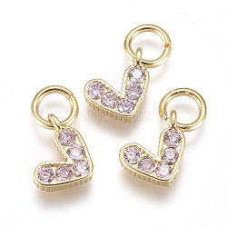 Brass Micro Pave Cubic Zirconia Charms, with Jump Ring, Long-Lasting Plated, Real 18K Gold Plated, Heart, Pink, 6x8x2mm, Hole: 3mm(ZIRC-F111-08G-09)