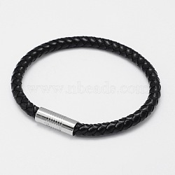 Braided Leather Cord Bracelets, with 304 Stainless Steel Magnetic Clasps, Black, 200x6mm(BJEW-I199-02)