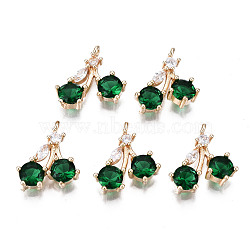Brass Micro Pave Clear Cubic Zirconia Charms, with Glass, Light Gold, Long-Lasting Plated, Cadmium Free & Lead Free, Cherry, Green, 14x12~13x4~5mm, Hole: 1.2mm(KK-S359-103-A02-RS)