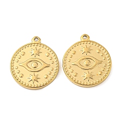 304 Stainless Steel Pendants, Flat Round with Evil Eye Charm, Real 14K Gold Plated, 19.5x17x2mm, Hole: 1.6mm(STAS-L022-188G)