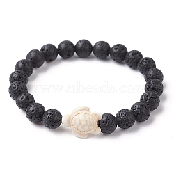 Natural Lava Rock Round & Synthetic Turquoise Turtle Beaded Stretch Bracelet for Women, Inner Diameter: 2-1/8 inch(5.5cm)(BJEW-JB09700-04)