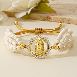 Glass Seed Bead Braided Bead Bracelets, Flat Round with Virgin Mary Charm Bracelets for Women, with Rhinestone, White(ZZ1096)