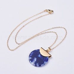 Cellulose Acetate (Resin) Pendant Necklaces, with Brass Cable Chains and Cardboard Jewelry Set Boxes, Flat Round, Real 18K Gold Plated, Deep Sky Blue, 16.93 inch(43cm)(NJEW-JN02475-01)