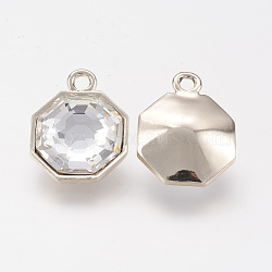 Alloy Rhinestone Pendants, Octagon, Crystal, Light Gold, 21x16x8mm, Hole: 2mm(PALLOY-P151-01G-AAA)