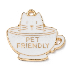 Alloy Enamel Pendants, Light Gold, Cup with Cat & Word Pet Friendly, White, 25x26.5x1.5mm, Hole: 1.8mm(ENAM-A146-02KCG-02)