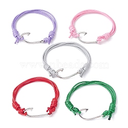 Fish Hook Shape 304 Stainless Steel Link Braclet, Waxed Polyester Cord Adjustable Bracelets, Mixed Color, Inner Diameter: 2-1/4~3-7/8 inch(5.7~9.8cm)(BJEW-JB09817)