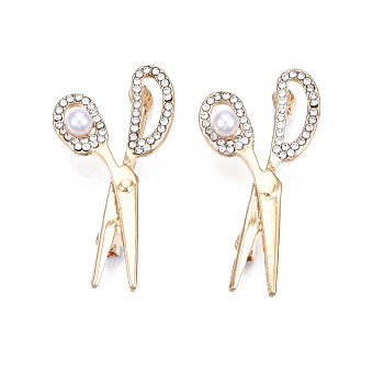 Crystal Rhinestone Scissor Lapel Pin with Plastic Pearl, Alloy Brooch for Backpack Clothes, Nickel Free & Lead Free, Light Golden, Creamy White, 23x45mm