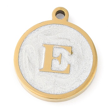 Ion Plating(IP) 201 Stainless Steel Pendants, with White Enamel, Real 18K Gold Plated, Flat Round with Letter, Letter E, 18.5x15.5x2mm, Hole: 1.6mm