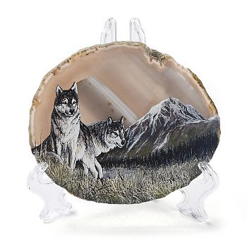 Printed Natural Agate Slice Stone Ornament, for Good Luck Home Office Decor, Wolf, 95~135x95~135x6.5~9mm