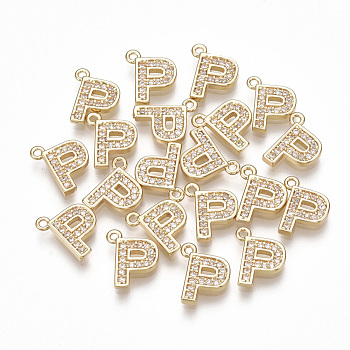 Brass Cubic Zirconia Charms, Letter, Clear, Real 18K Gold Plated, Letter.P, 10x8x1.5mm, Hole: 1mm