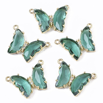 Glass Pendants, with  Micro Pave Cubic Zirconia and Brass Open Back Settings, Faceted, Butterfly, Golden, Medium Sea Green, 16.5x23.5x5.5mm, Hole: 1.2mm