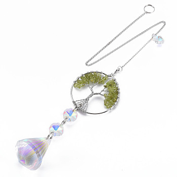 Natural Olive Quartz Big Pendants, with Platinum Brass Chain Extender and Findings, Plating Glass Teardrop & Flower, Clear AB Color, Flat Round with Tree of Life, 140mm, Hole: 3.5x5.5mm