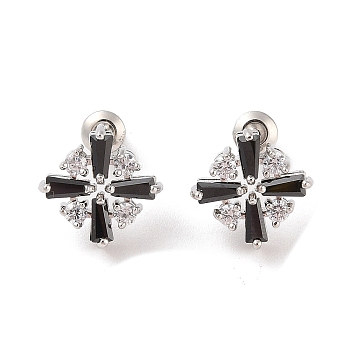 Rack Plating Brass Micro Pave Cubic Zirconia Stud Earrings, Long-lasting Plated, Flower, Platinum, Black, 13.5x14mm