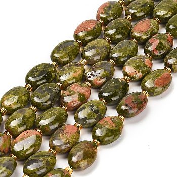 Natural Unakite Beads Strands, with Seed Beads, Oval, 13.5~14.5x10~10.5x4.5~5mm, Hole: 1mm, about 24pcs/strand, 15.24''(38.7cm)