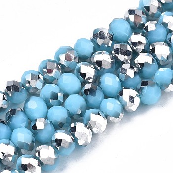 Electroplate Opaque Glass Beads Strands, Half Silver Plated, Faceted, Rondelle, Light Sky Blue, 6x5mm, Hole: 1mm, about 85~88pcs/strand, 16.1~16.5 inch(41~42cm)