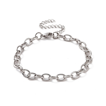 304 Stainless Steel Cable Chain Bracelet for Men Women, Stainless Steel Color, 7-1/8 inch(18cm), Link: 8x6x1.2mm