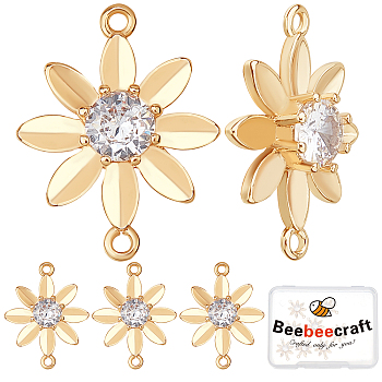 Brass Clear Cubic Zirconia Connector Charms, Flower, Real 18K Gold Plated, 15x11.5x3.5mm, Hole: 0.8mm, about 10pcs/box