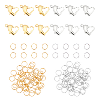 112Pcs 4 Style 304 Stainless Steel Heart Lobster Claw Clasps and Open Jump Rings, for Necklace Jewelry Making, Golden & Stainless Steel Color, Lobster Claw Clasps: 12pcs/box
